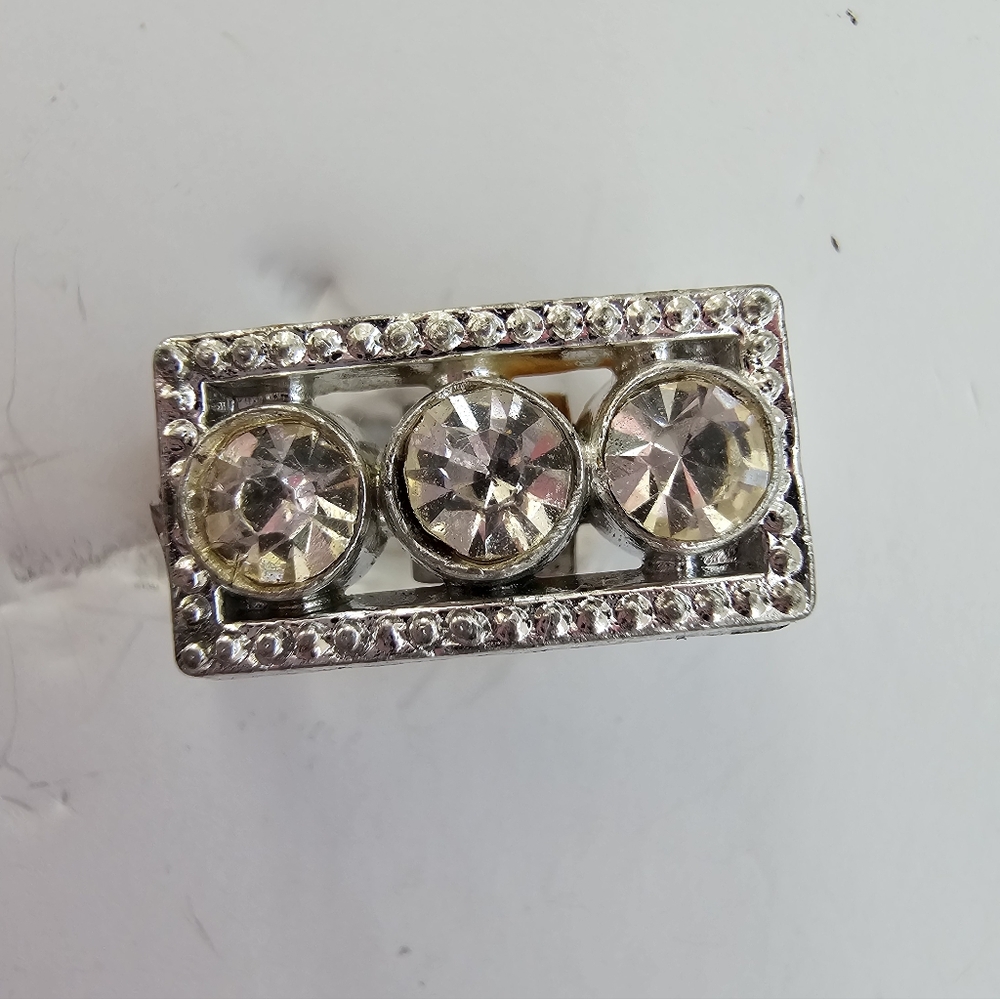 Vintage MCM Silver-Tone Geometric Bar Brooch - Three Clear Rhinestones, Pave